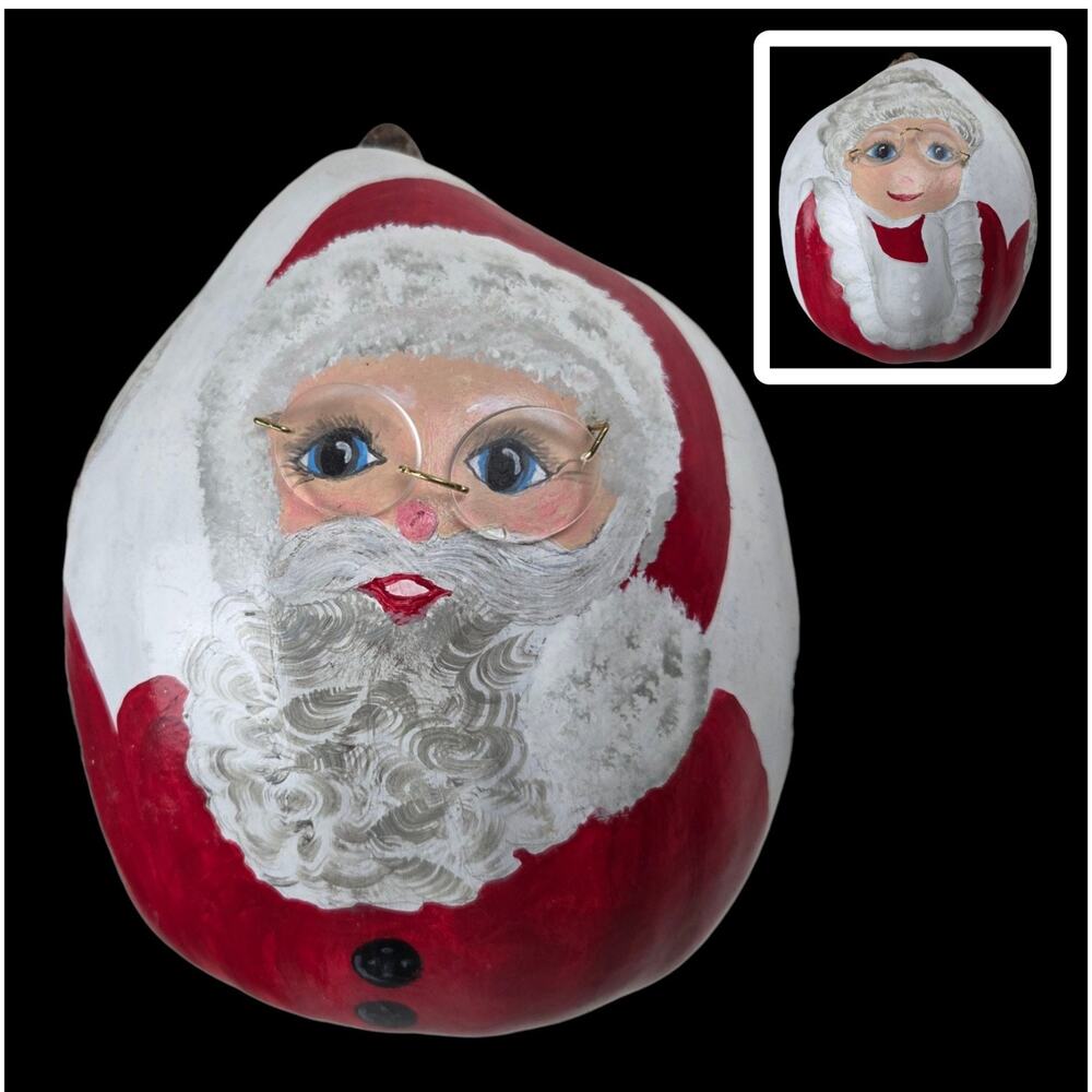 Hand Painted Gourd Santa & Mrs Claus Christmas Large Hanging Ornament Red White
